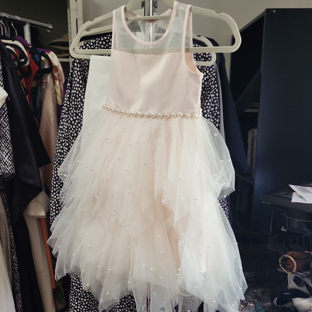 Elegant Pink American Princess Tulle Dress with Pearl Accents Size 6X/7
